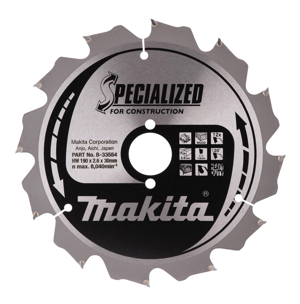 Makita B-33554 T.C.T. Kreissägeblatt 190x2,6x30mm 20° T12 SPECIALIZED für Bauarbeiten