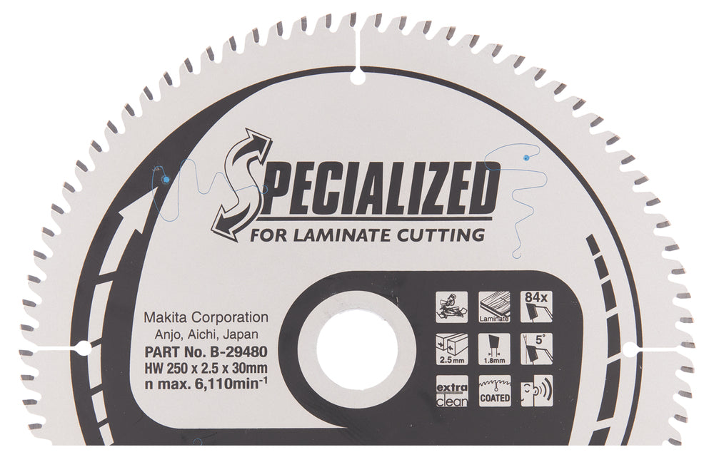 Makita B-29480 Hartmetall-Sägeblatt 250X2.5X30mm 5° T84 SPEZIALISIERT für Laminatschnitte