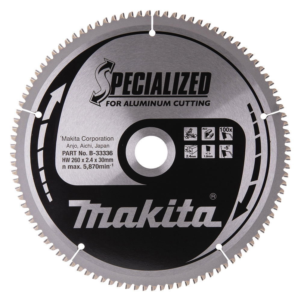 Makita B-33336 T.C.T. Sägeblatt 260X2.4X30mm -5° T100 SPEZIAL für Aluminium