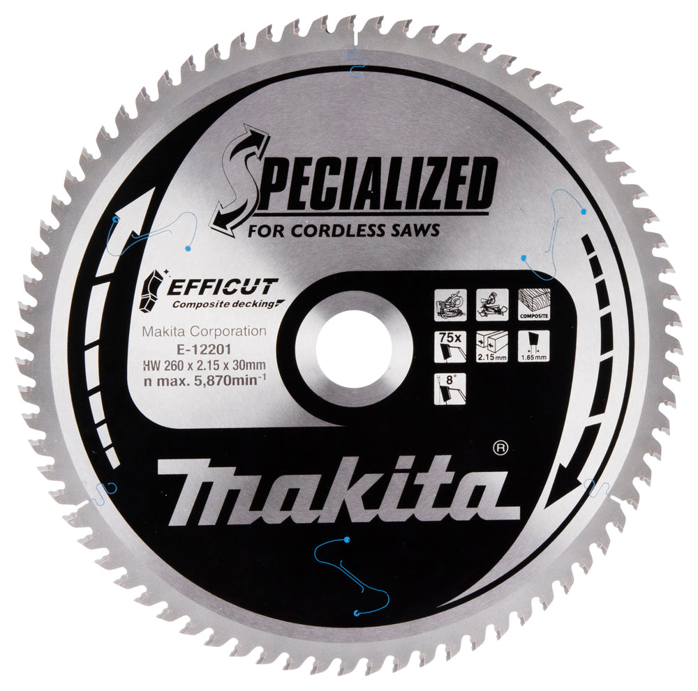 Makita E-12201 T.C.T. pjūklas 260X2.15X30mm 15° T75 EFFICUT klijuotoms plokštėms