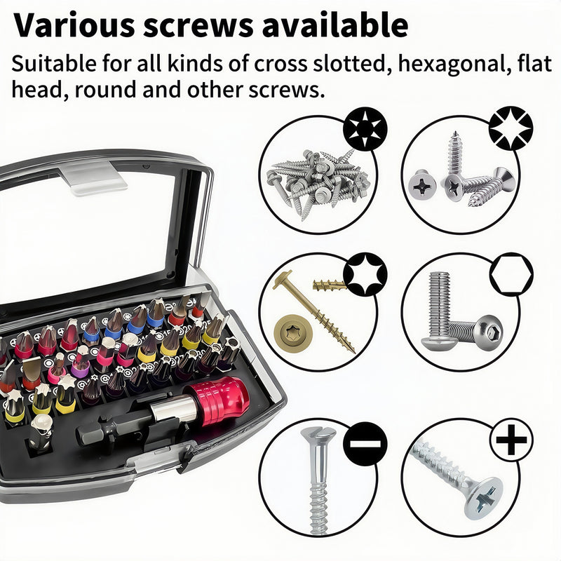 32-teiliges magnetisches Schraubendreher-Bit-Set mit Schnellverschluss, CRV + PZ-Buchse, Kreuzschlitz, Sechskant, Schlitz, Schnellwechsel, Kunststoffbox