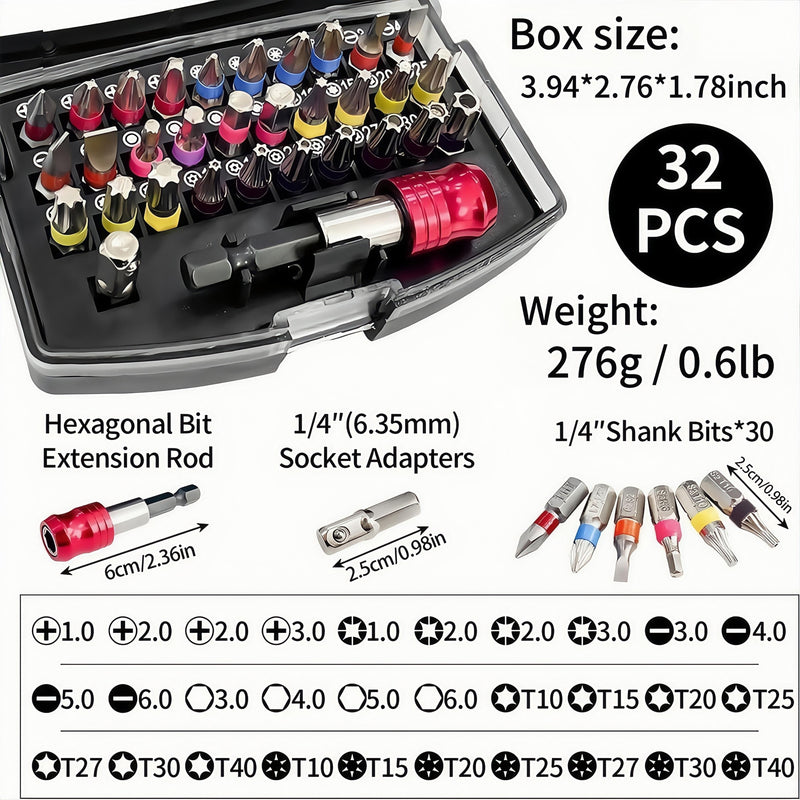 32-teiliges magnetisches Schraubendreher-Bit-Set mit Schnellverschluss, CRV + PZ-Buchse, Kreuzschlitz, Sechskant, Schlitz, Schnellwechsel, Kunststoffbox