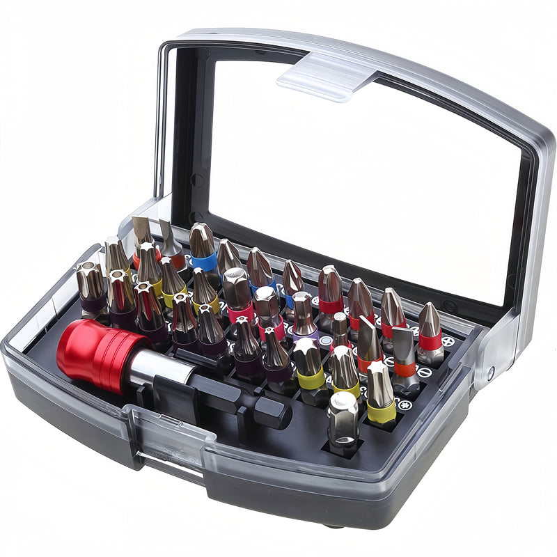 32-teiliges magnetisches Schraubendreher-Bit-Set mit Schnellverschluss, CRV + PZ-Buchse, Kreuzschlitz, Sechskant, Schlitz, Schnellwechsel, Kunststoffbox