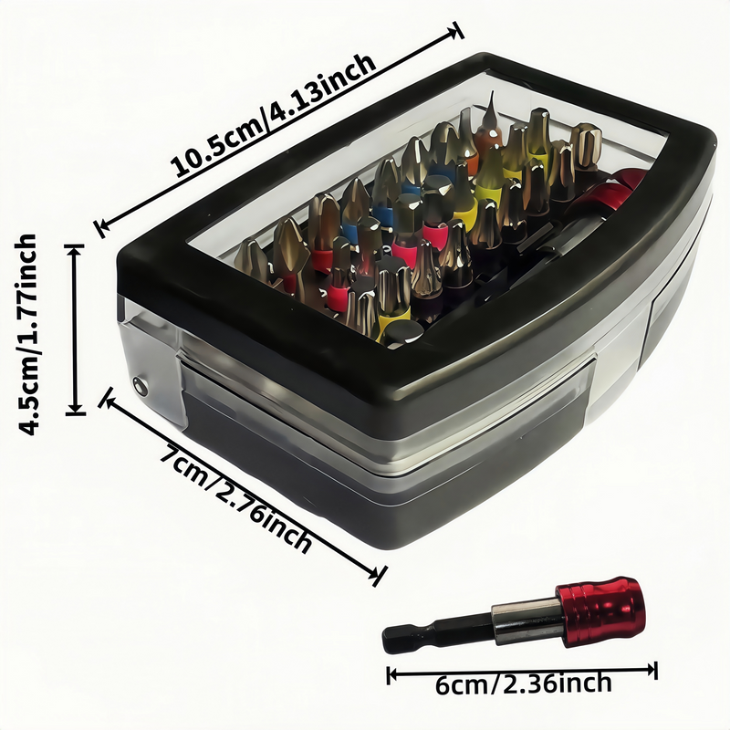32-teiliges magnetisches Schraubendreher-Bit-Set mit Schnellverschluss, CRV + PZ-Buchse, Kreuzschlitz, Sechskant, Schlitz, Schnellwechsel, Kunststoffbox